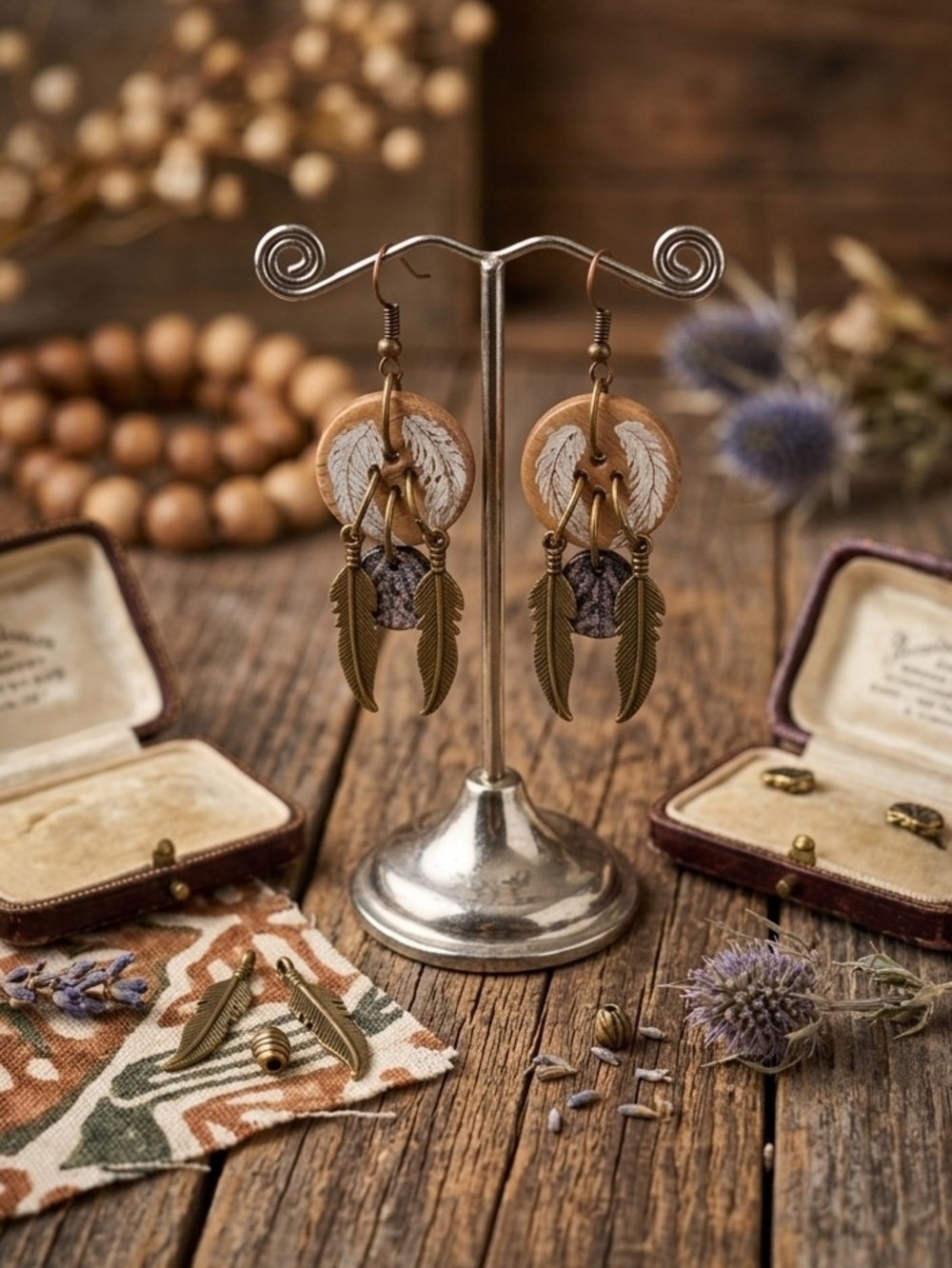 Handcrafted Tan and Gold Feather Drop Earrings